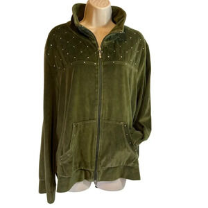 Mirror Mage Jeweled Velour Full Zip Green‎ Sweater Size XL